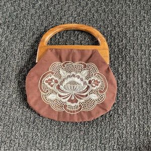 Vintage Brown and White Floral Wooden Handbag
